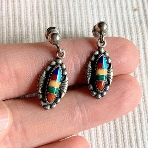 Vintage WM Wheeler Native American Navojo Sterling Silver Inlay Earring